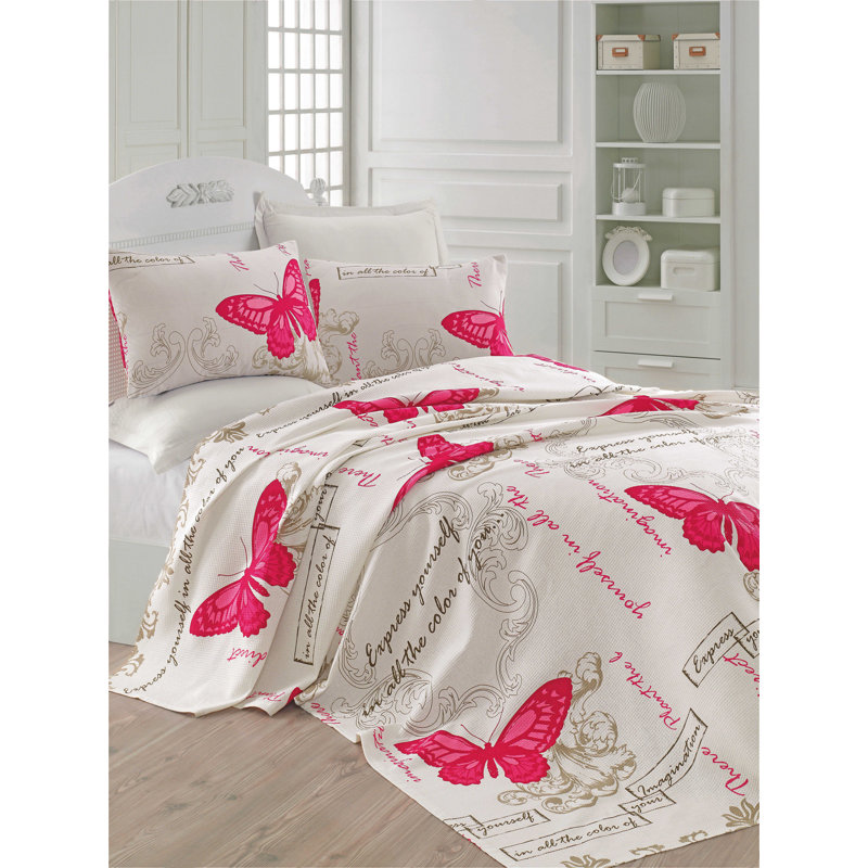 Couvre-lit / couvre-lit 100% coton Alvina, Couvre-lit 79 po x 93 po, Crème / beige / fuchsia