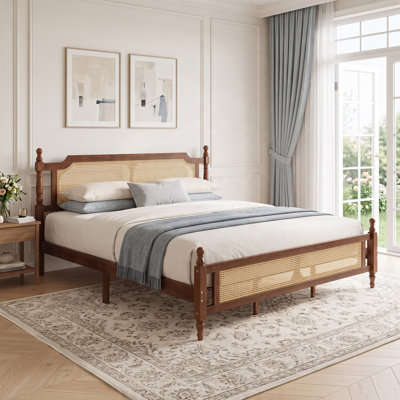 Wood Platform Bed With Rattan Headboard & Footboard, Wood Frame, Bohemian, Bedroom