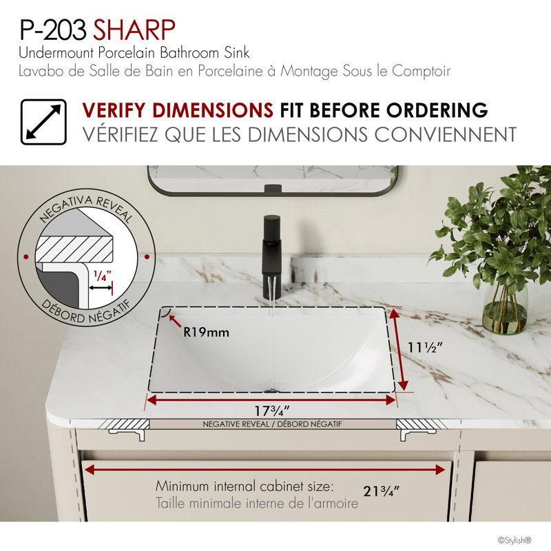 Lavabo de salle de bain rectangulaire encastré élégant de L 21-1 / 4 po Horizon de STYLISH