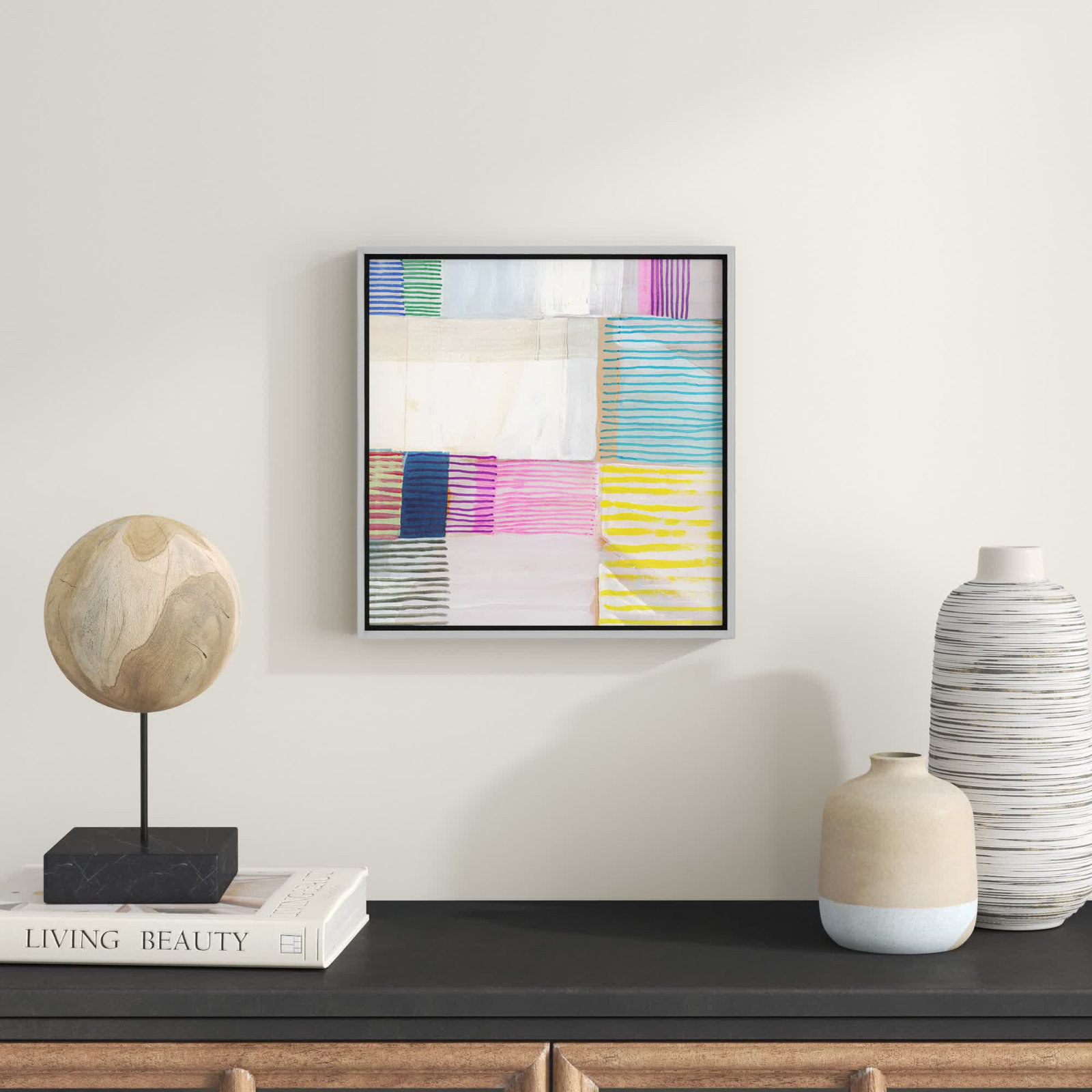Bright Net II by Cartissi - Floater Frame Painting on Canvas, 13.5" H x 13.5" W x 2" D, Silver Framed
