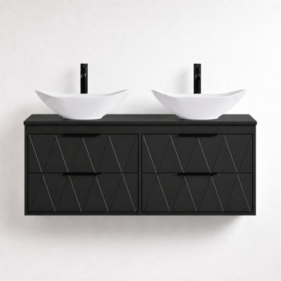 48" Wall Mounted Floating Double Bathroom Vanity with Artistic Vessel Sinks, Hand-Painted, 4 Soft-Close Drawers