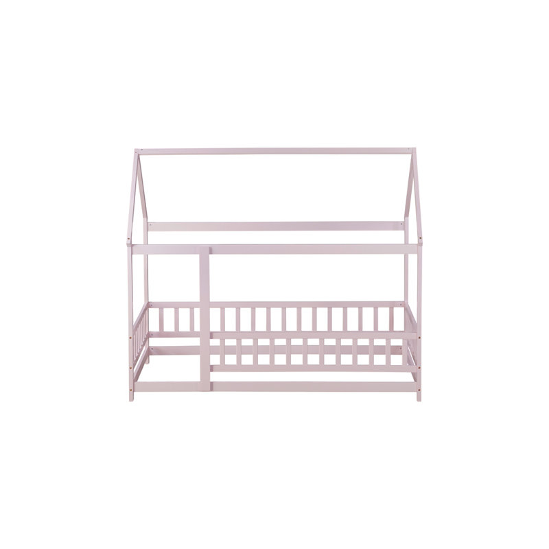 Twin Size House Floor Wooden Bed with Roof Frame,Safety Guardrails, Pink