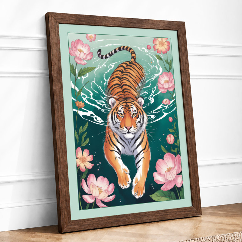 Tiger in Turquoise Waters Boho - Framed Print, A2 - 59.4 x 42.0 cm, Walnut