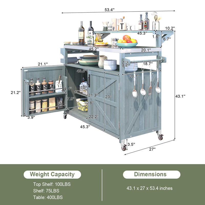 Îlot de cuisine extérieur avec tablette surélevée, armoire de rangement en bois massif avec plateau en acier inoxydable
