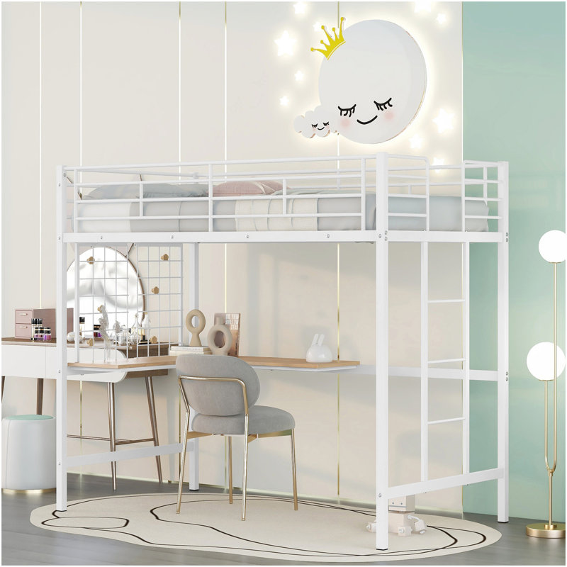 Lit mezzanine simple en métal avec bureau et grille en métal, blanc