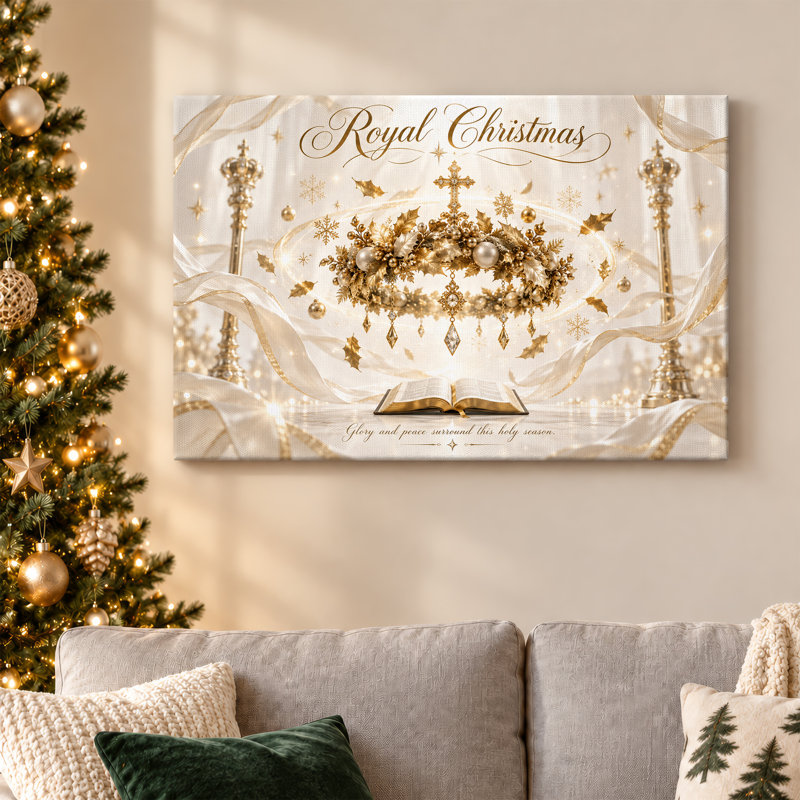 Couronne dorée avec houx et croix sur livre ouvert, art mural de Noël, 16"H x 24"W