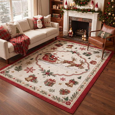 Tapis lavable à poils courts ivoire / rouge à motif animalier de Noël en forme de traîneau Bells & Reindeer