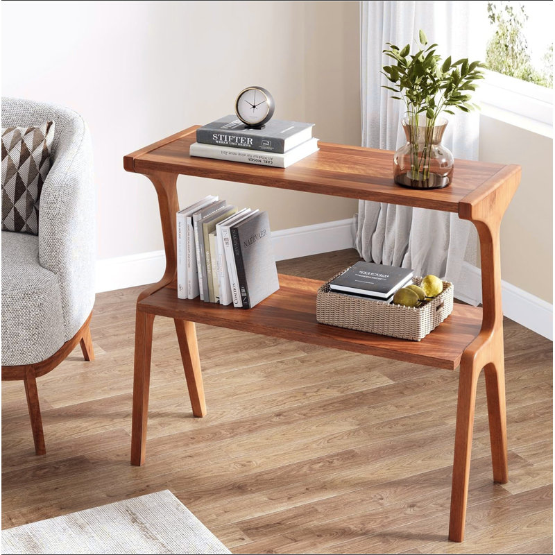 Table de bout en bois massif Mid-Century moderne de 27,56 po - Table d'appoint de style maison de campagne étroite avec tablette de rangement à 2 niveaux, table de chevet élégante et table d'appoint