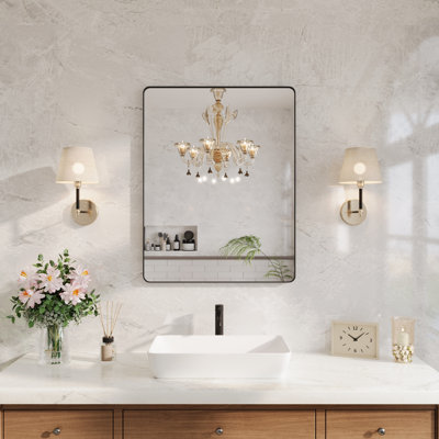Miroir de salle de bain rectangulaire 28 po x 30 po, cadre de coin fermé noir mat, verre trempé, fixation murale horizontale et verticale, classé humide