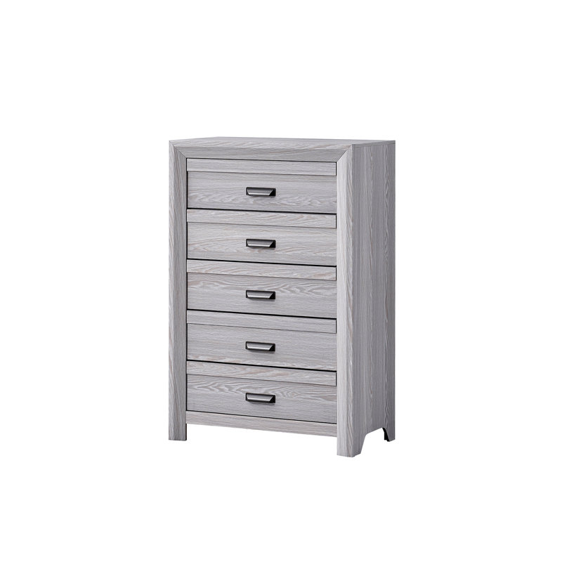 Commode haute Laide avec 5 tiroirs, poignées coupelles, placage gris