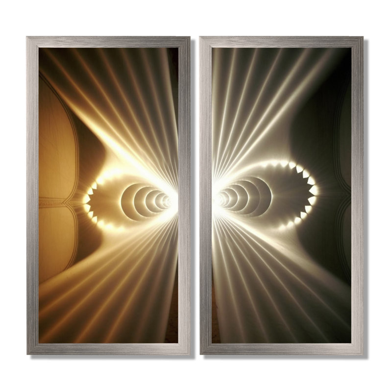 Faisceaux lumineux à travers l'espace en jaune rétro - art encadré de fractales, décoration murale abstraite jaune 2 pièces