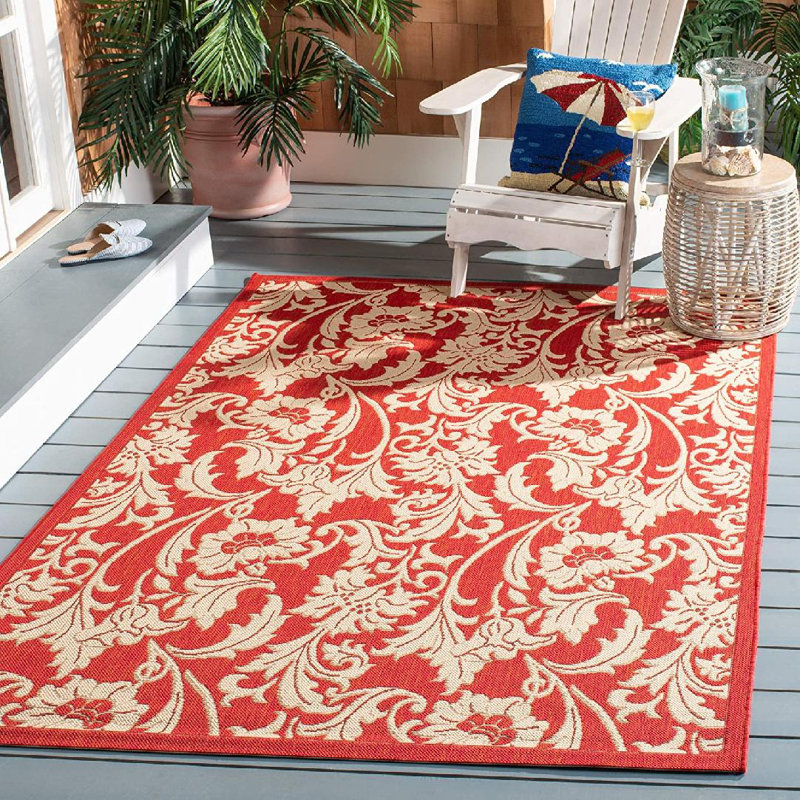 Tapis rectangulaire rouge / beige en polypropylène tressé à la machine Adriaan, Rectangle 6 pi 7 po x 9 pi 6 po