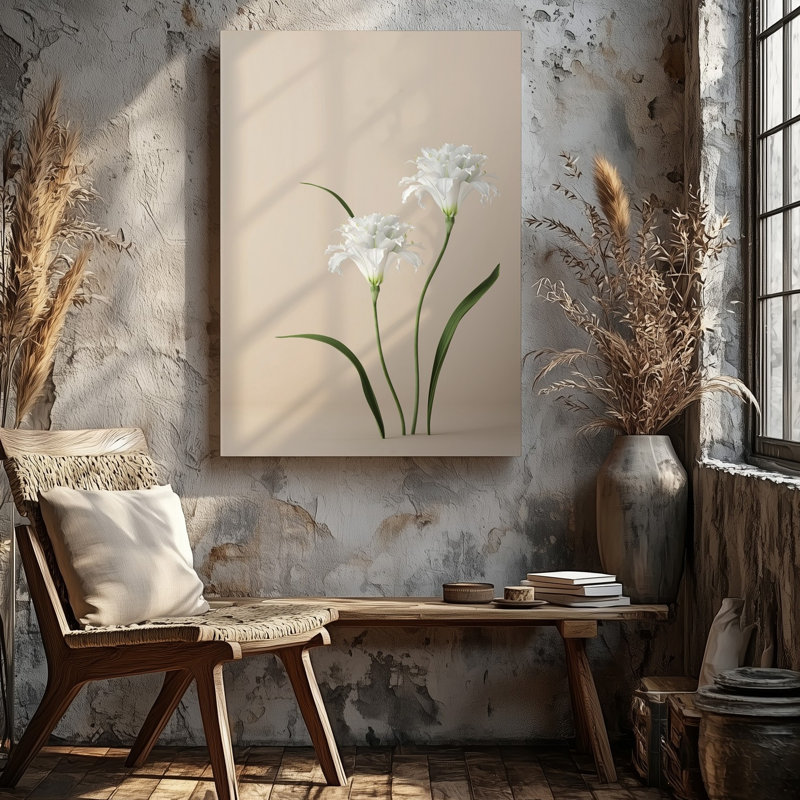 Toile, composition minimaliste mettant en vedette deux délicates fleurs blanches avec des pétales complexes sur fond beige doux