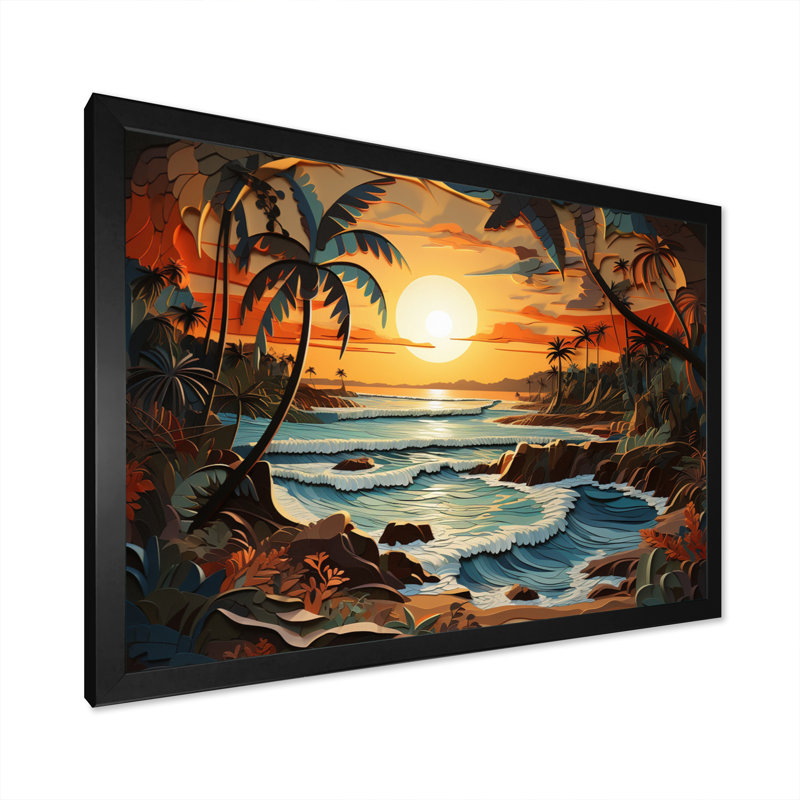 Coastal Collage At Sunset I - Décoration murale moderne, H 16 po x l 32 po x P 1 po, Cadre photo noir