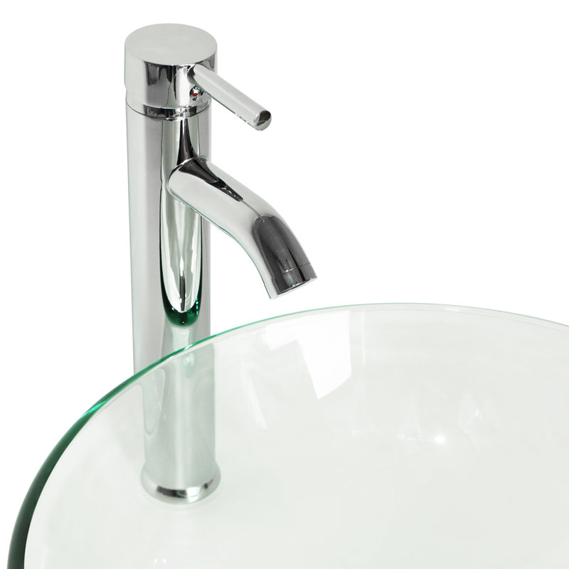 Clear Tempered Glass Round Vessel Sink with Chrome Faucet