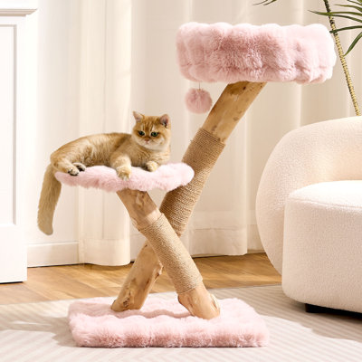 Natural Solid Wood Cat Tree Tower with Scratching Post, 32 Inches Tall Modern Cat Tower with Cozy Bed and Platforms, Real Branch Cat Tree for Indoor Cats Large Adult.