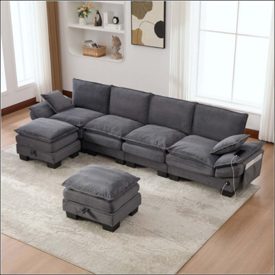  Canapé modulaire modulaire avec nuage, siège rembourré en velours côtelé avec ports USB et repose-pieds de rangement, canapé segmenté configurable sur mesure pour salon et bureau