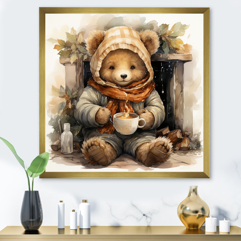 Cozy Teddy Bear chocolat en hiver II - art mural de l'ours en peluche, H 36 po x l 36 po x P 1,5 po, Cadre doré simple
