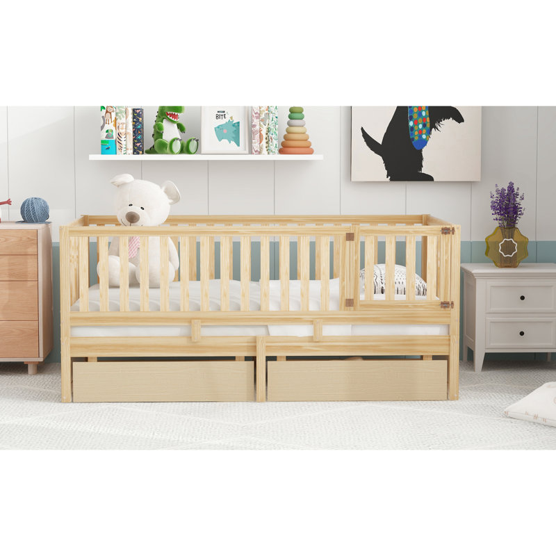 Lit de jour simple en pin naturel avec clôture et tiroirs, peut être divisé pour plus d'arrangements de lit - Taille des barrières de sécurité dans le lit au sol