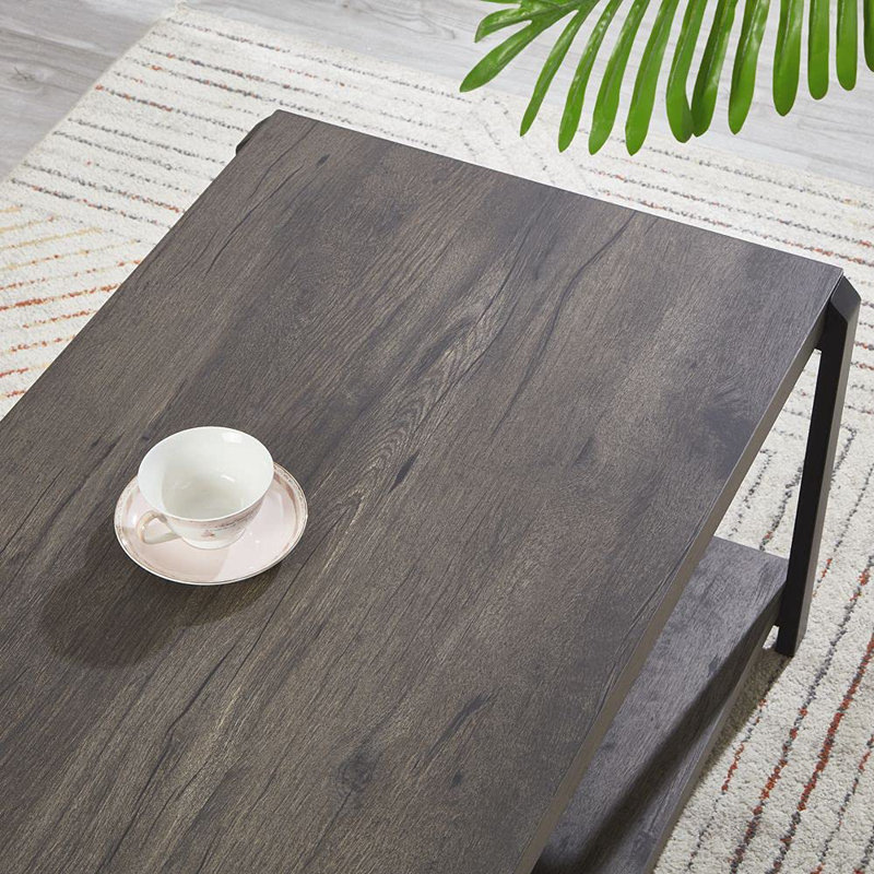 Rustic Grey Wood and Black Metal Coffee Table with Storage Shelves