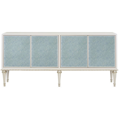 Élégante console blanc perle et argent avec armoire à loquet magnétique et porte en verre au design orné