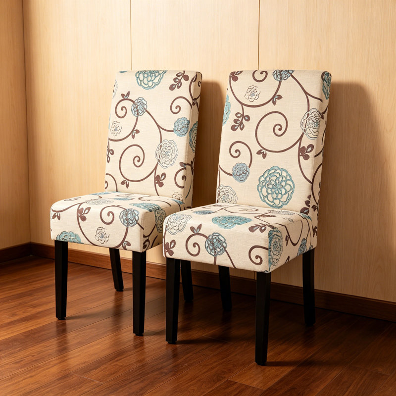 Dining Chair Set Of 2, Beige Fabric, Soft Cushions, Black Rubberwood