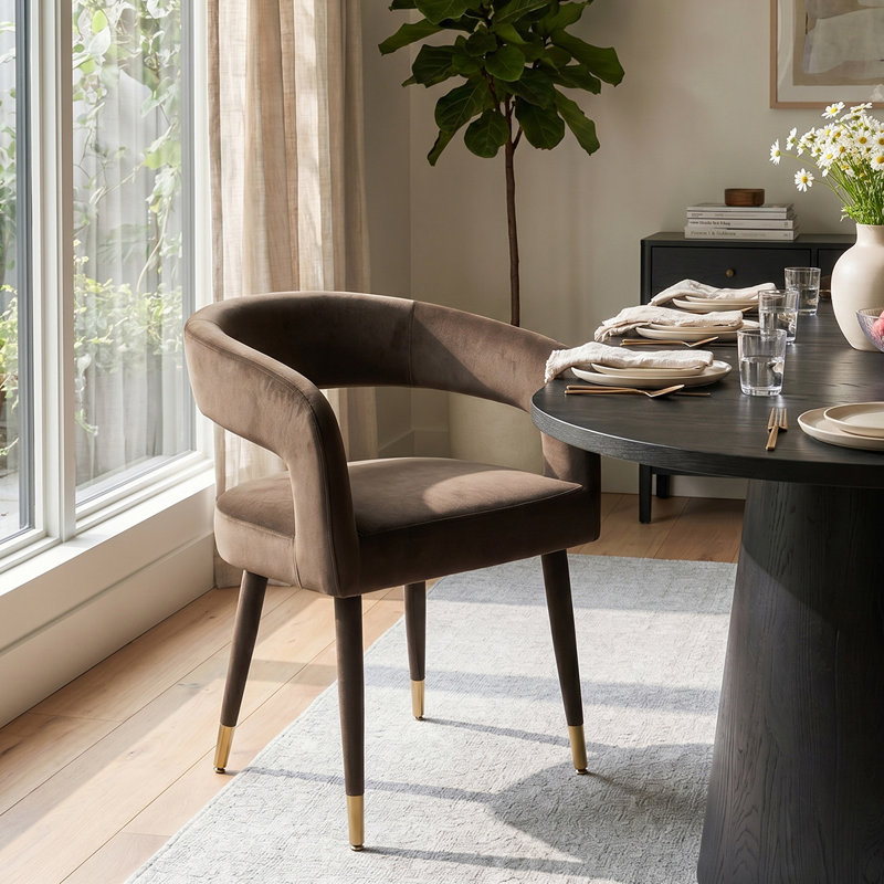 Modern 47"-83" Extendable Dining Table Set With Upholstered Velvet Dining Arm Chairs, Brown, 9 Pieces: Table, 8 Chairs