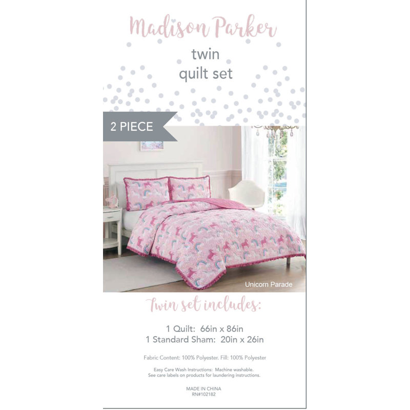 Pink Reversible Microfiber Twin Quilt Set with Unicorns