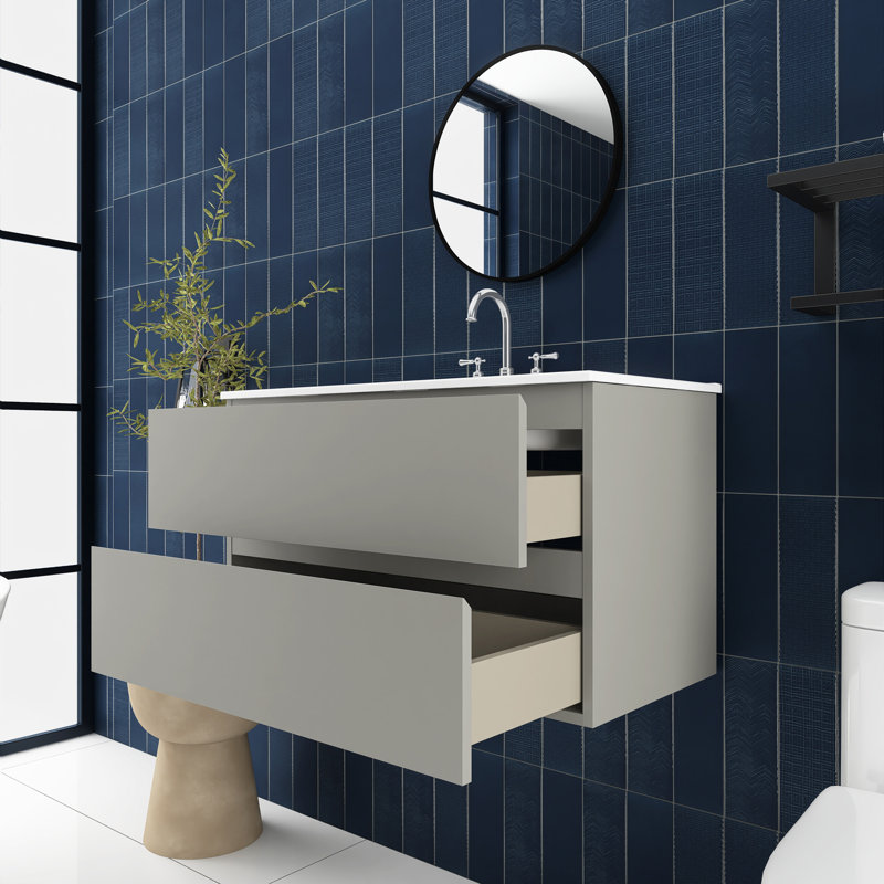 36 In. Wall-Mounted Bathroom Vanity With Integrated Ceramic Sink, Gray