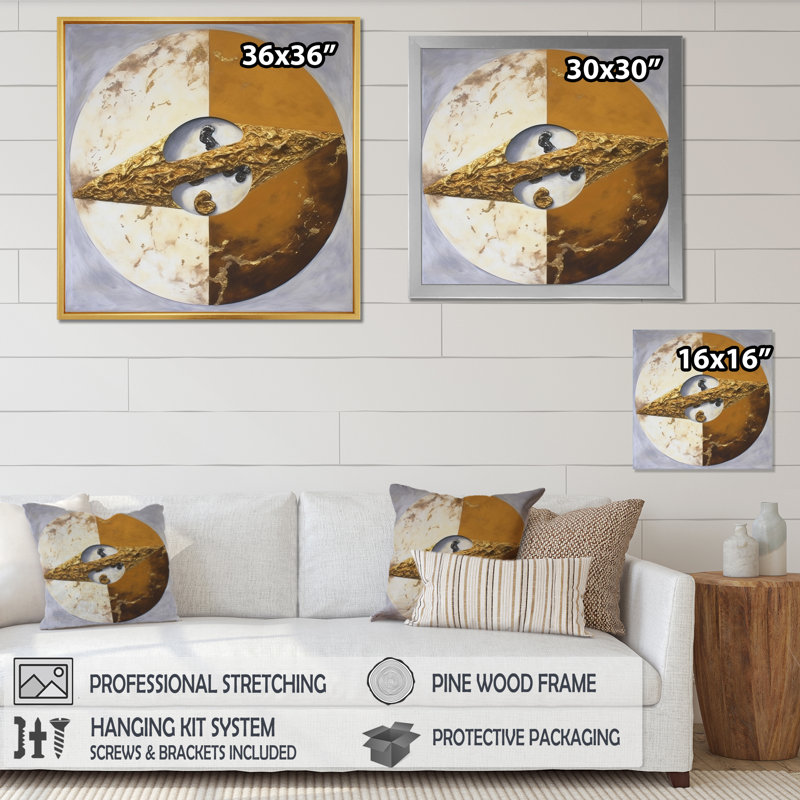 Reproduction d'art sur toile médaillée or blanc Yin et Yang II, H 16 po x l 16 po, Cadre flottant doré