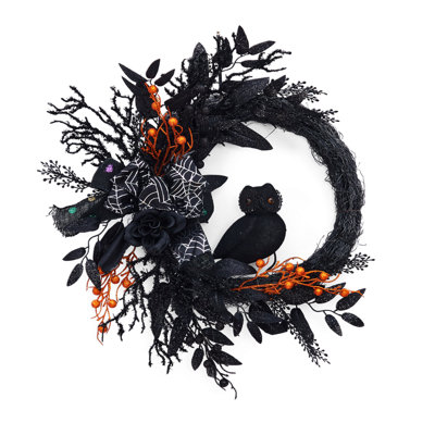 20 Inch Halloween Owl Wreath for Front Door - Gothic Garland with Natural Vines & Black Roses, Outdoor Indoor Decor for Porch, Wall, Window, Party Home Decor