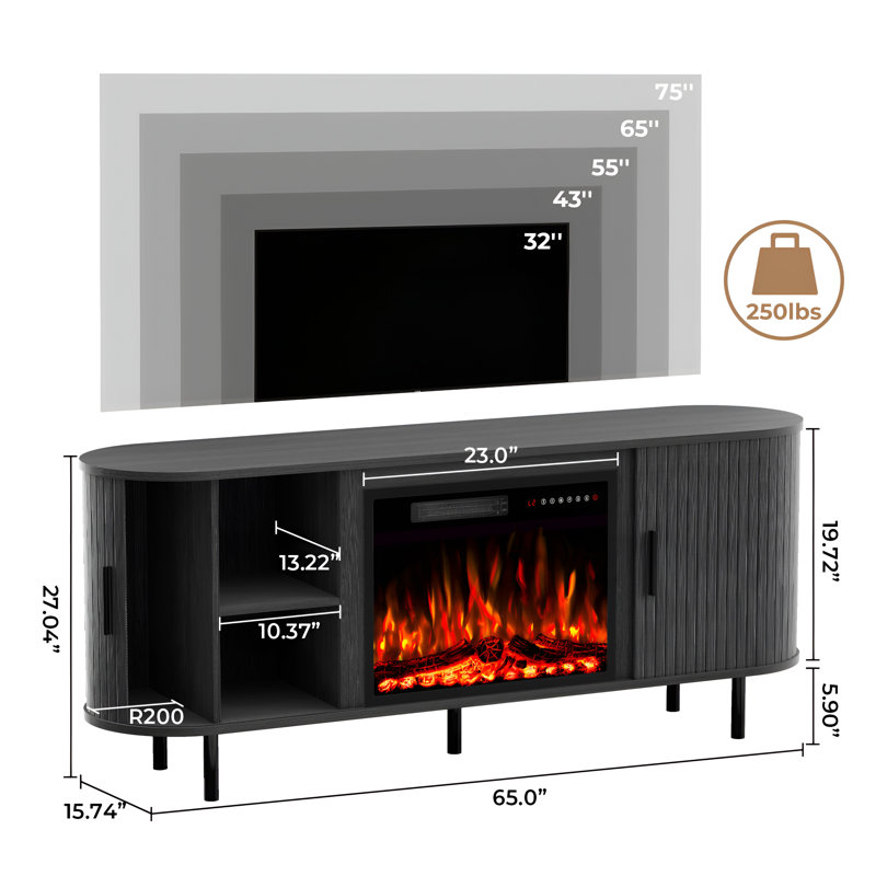 Meuble télé 65 po avec portes coulissantes, console média cannelée moderne, Noir