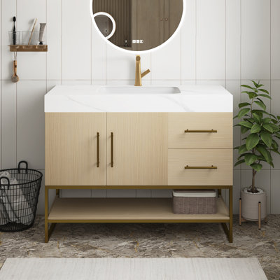 Meuble-lavabo moderne de 36 pouces avec lavabo en céramique sans couture et armoire autoportante, 2 tiroirs, 1 porte à fermeture douce et 1 tablette inférieure ouverte