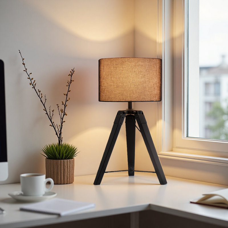 18" Industrial Wood Tripod Table Lamp with Linen Drum Shade and Metal Accents, cULus Certified for Bedroom Nightstands, Living Room Side Tables, Home Offices or Modern Decor