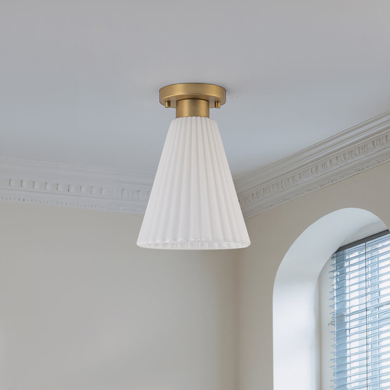 1-Light Pleated White Glass Cone Flush Mount