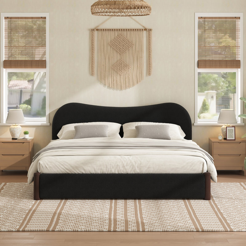 Grand lit plateforme tapissier avec pieds en bois robustes, noir, Noir, Grand lit
