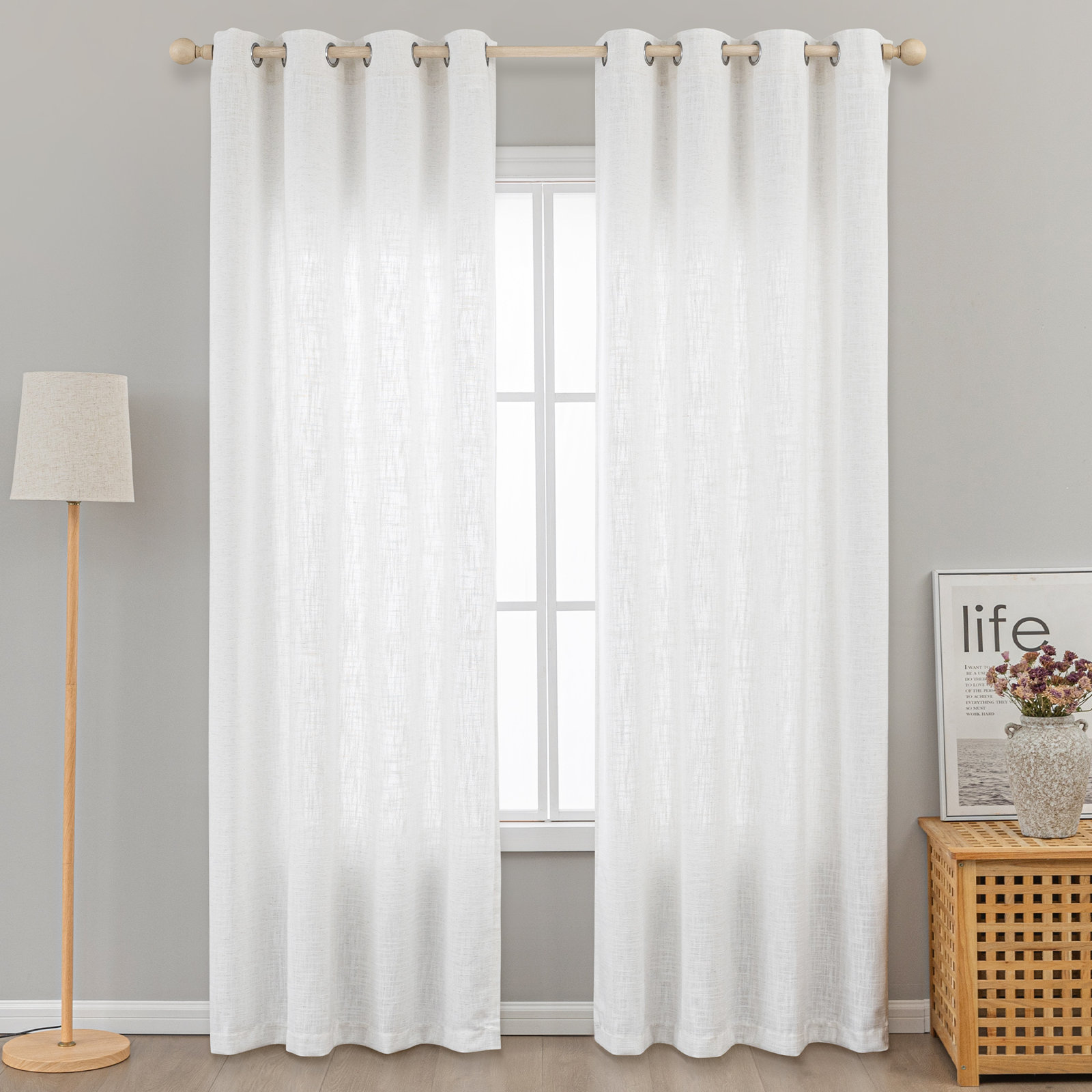 Kambi Semi-Sheer Linen Blend Curtain Set, White, 52" W x 96" L