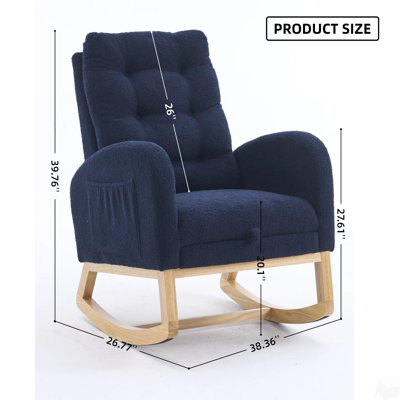 Chaise berçante d'appoint avec repose-pieds et pochette de rangement, chaise berçante en bois d'hévéa à dossier haut bleu marine LY-5104, l 38,36 po x P 26,77 po x H 39,76 po