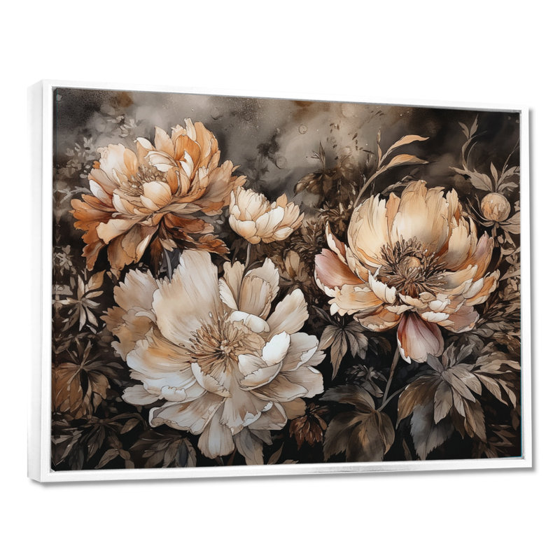 Reproduction sur toile encadrée de pivoines crème et brunes - pivoines, H 12 po x l 20 po x P 1 po, Cadre flottant blanc