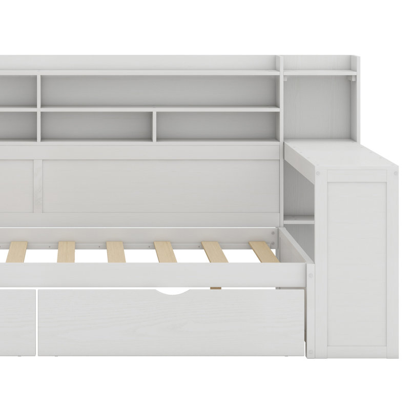 Lit de jour en bois avec tablettes de rangement, deux tiroirs de rangement et bureau d'étude, Blanc