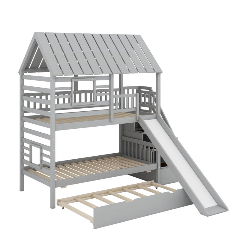 Twin Over Twin Bunk Bed With Trundle, Gray
