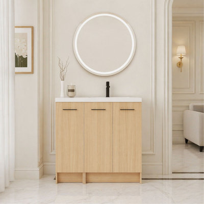 36" Modular Freestanding Bathroom Vanity with 36" Resin Sink Top, Light Oak, 2-Piece Cabinet (24" 2-Door + 12" 1-Door), KD Cabinet, Includes Black & Brushed Aluminum Handles