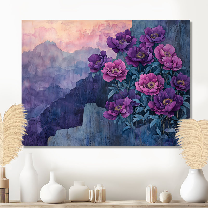 Lavande, pivoines sur le versant rocheux II - pivoines, impression murale, H 24 po x l 32 po