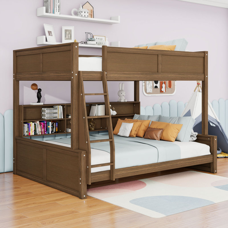 Lit superposé en bois avec ports USB, tablettes et échelle, Couleur de bois antique