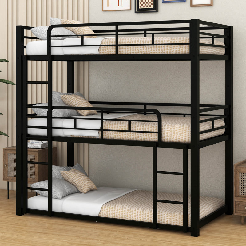 Twin Size Metal Triple Bunk Beds With 2 Ladders And Safety Guardrails, Black