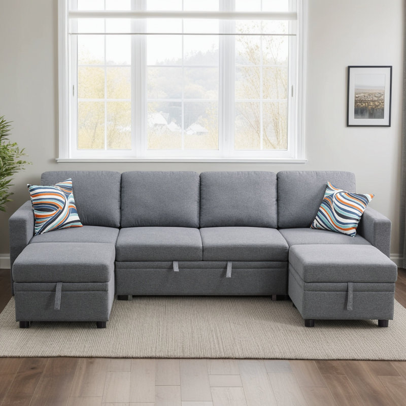 Sackcloth 5-Pieces Living Room Sofa Bed, Dark Gray