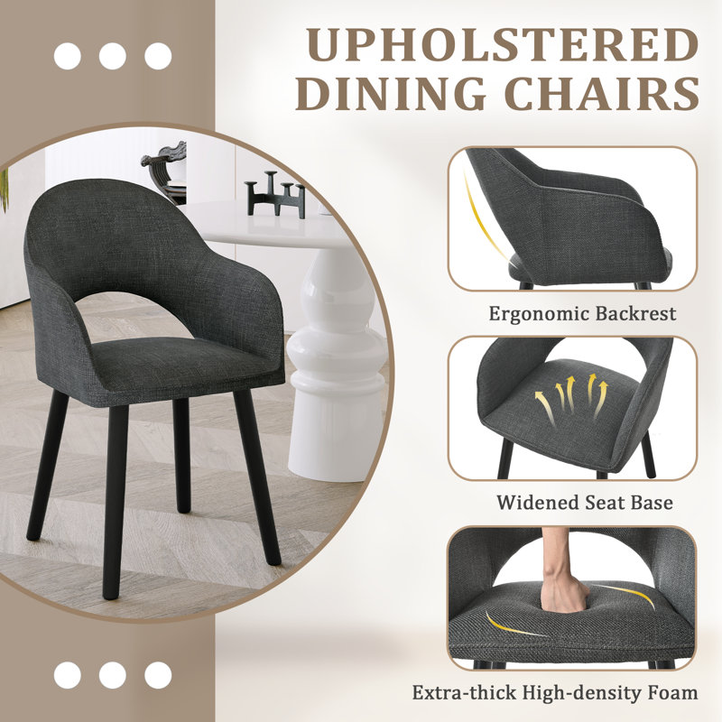 49.5cm H Modern Solid Wood Legs Upholstered Dining Chair with Arm, Black Linen/Black