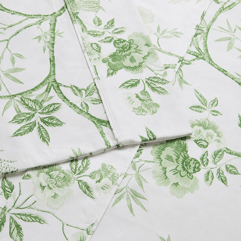 Josephine 100% Cotton Standard Floral Sheet Set, Full Sheet Set with Pillowcase, White/Sage