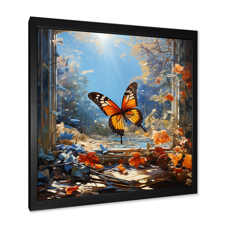 Cottage orange papillon II - Art mural papillon, H 36 po x l 36 po x P 1,5 po, Cadre simple noir