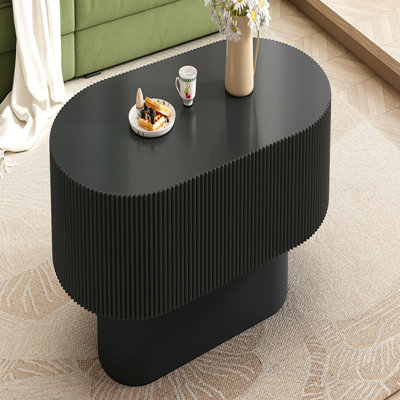 Table basse ovale élégante de 43,3 po avec plateau de 6,8 po d'épaisseur, table de bout cylindrique de style moderne, table centrale cannelée minimaliste avec base robuste pour le salon, assemblage facile